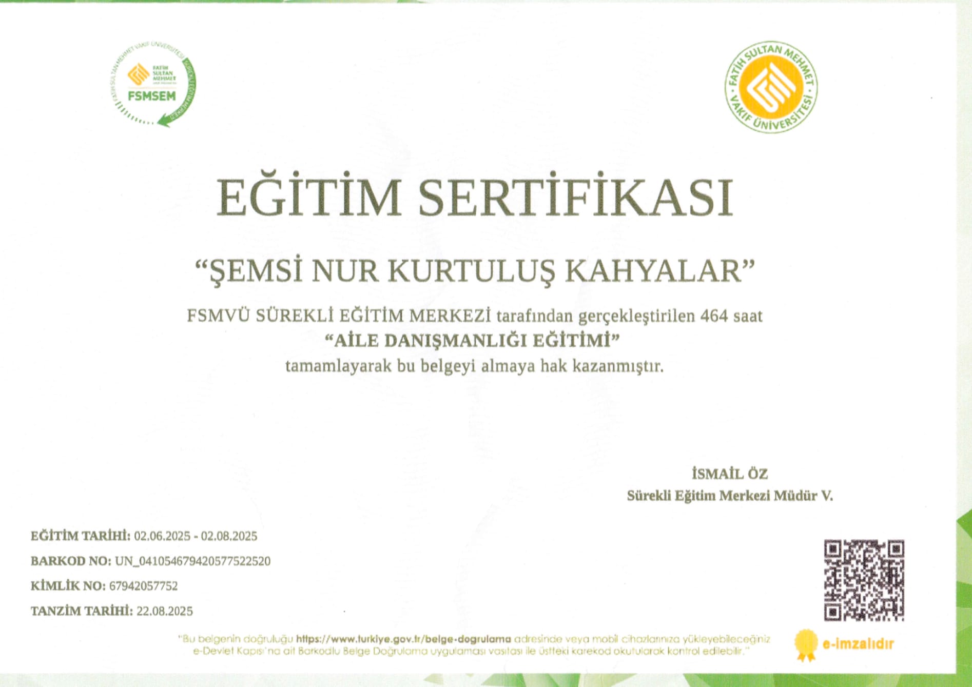 Aile Danışmanlığı Sertifikası