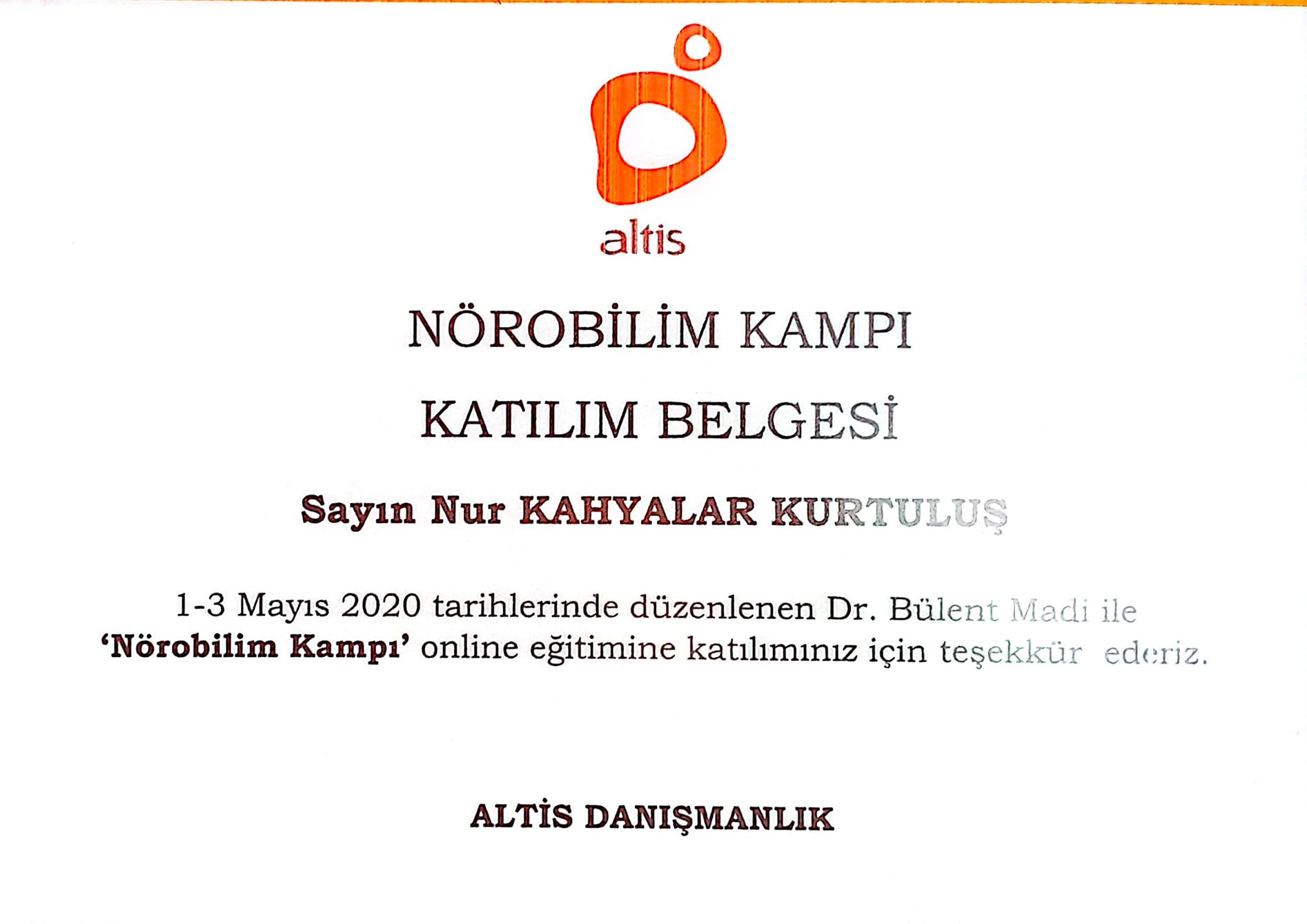 Nörobilim Kampı Katılım Belgesi