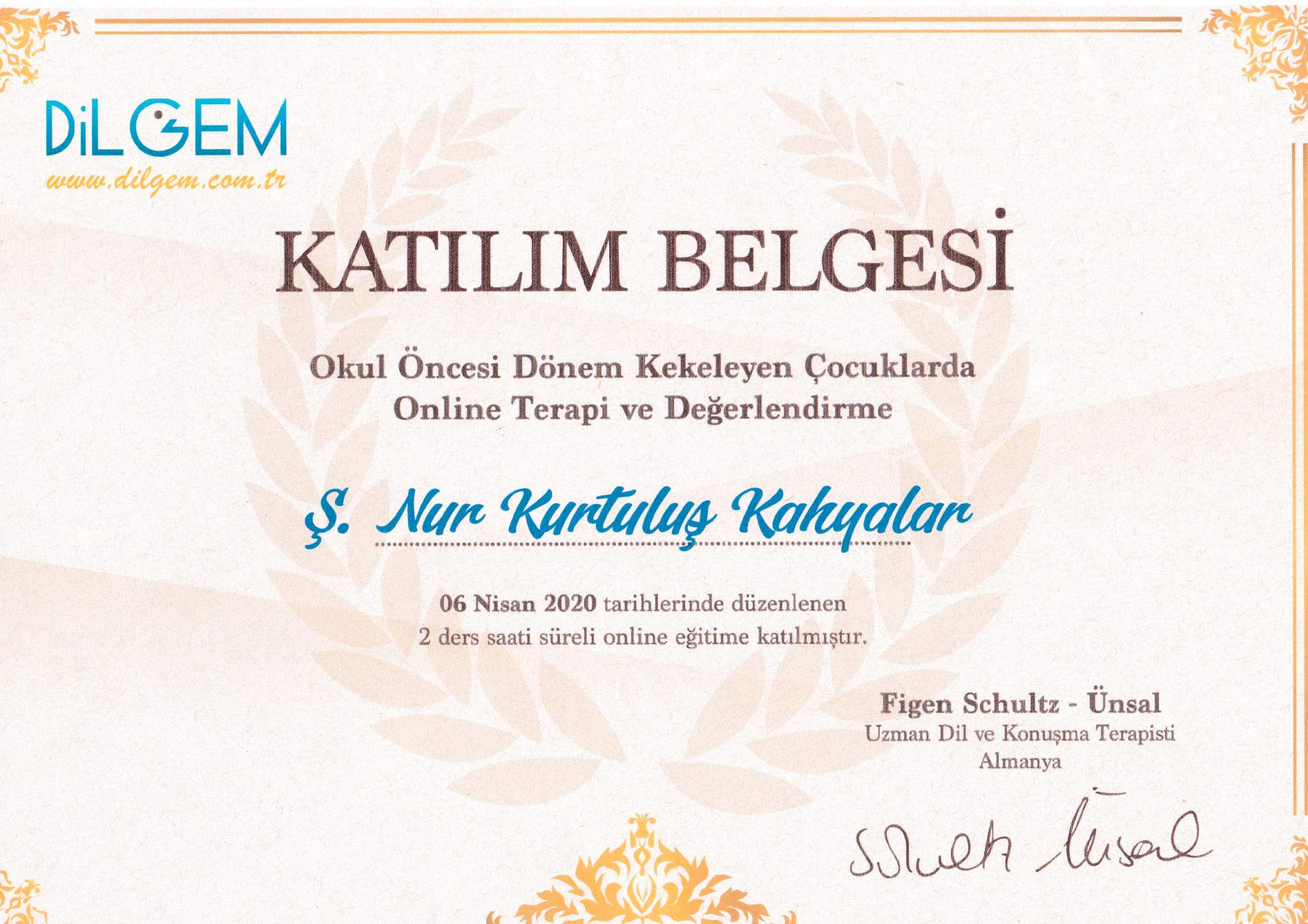 DİLGEM Okul Öncesi Kekemelik Sertifikası