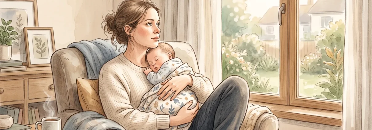 Bebeğini kucağında tutan yorgun ve dalgın anne, lohusa depresyonu belirtileri