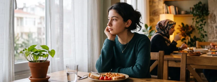 Yemek masasında dalgın oturan ergen, ergenlerde bulimia ve yeme bozukluğu işaretleri